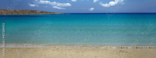 Fototapeta Naklejka Na Ścianę i Meble -  Ultra wide photo from famous sandy beach of Port in island of Koufonisi with amazing colours, Cyclades, Greece