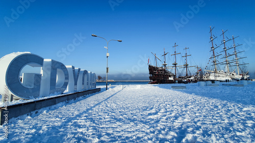 The inscription 'Gdynia' in the wharf in winter time, Gdynia, Poland