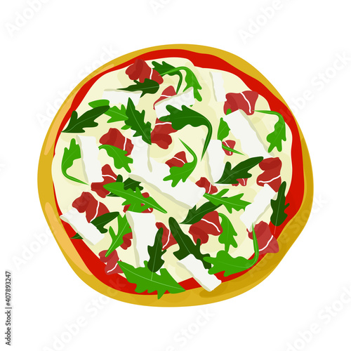Top view pizza with arugula and Jamon. Vector illustration