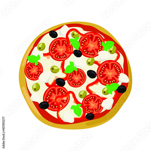 Top view pizza with mozzarella cheese and black and green olives. Vector illustration
