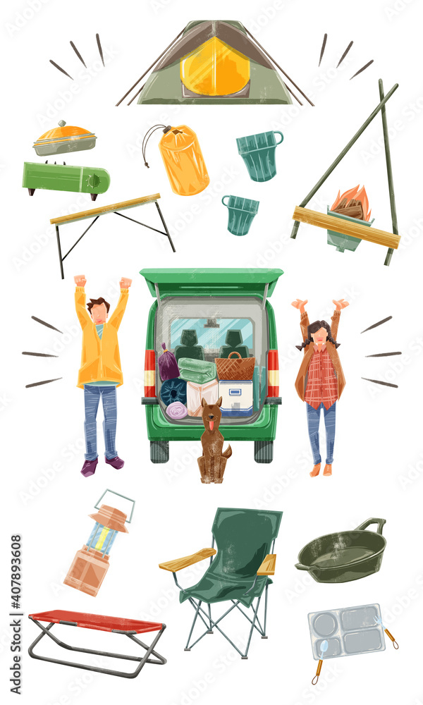 キャンプに行くカップルとキャンプ用品イラスト Stock Illustration Adobe Stock