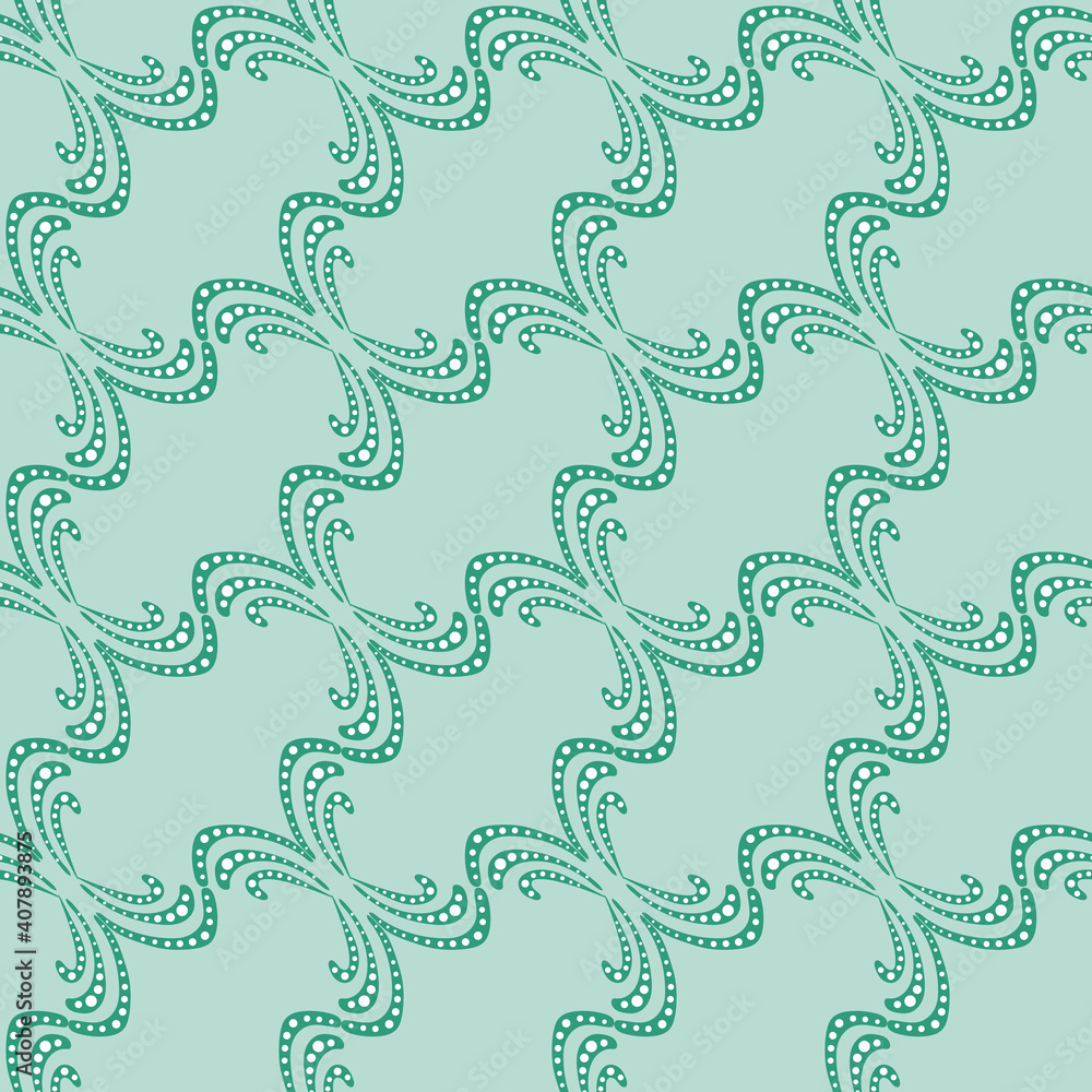 Seamless pattern of green decorative lines on a mint background. Seamless pattern of green decorative lines on a mint background.