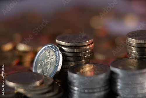 Tower of Coins. Euro coins on each other. Eu Monetary currency. photo