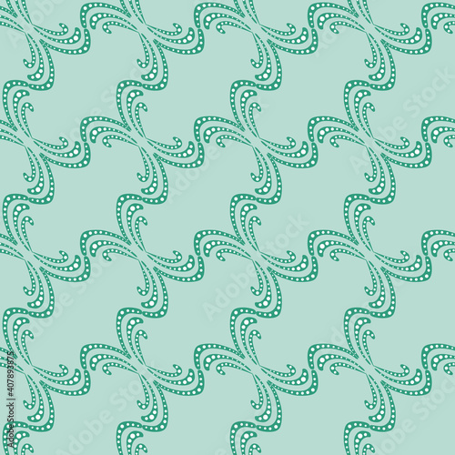 Seamless pattern of green decorative lines on a mint background.