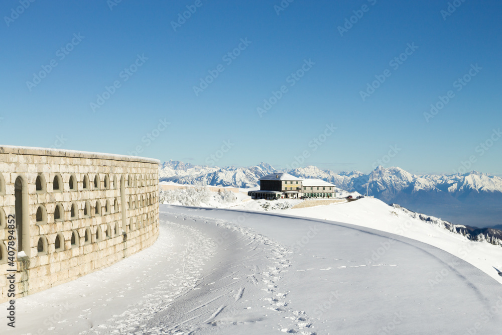 Mountain winter landscape. Mount Grappa with snow