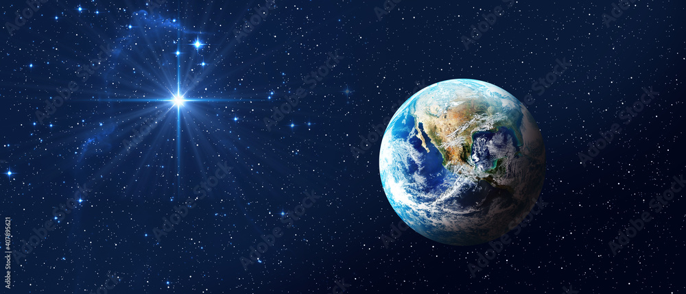 Planet Earth on dark blue night sky with bright star. Baner format. Christmas Star of Bethlehem Nativity, christmas of Jesus Christ. Elements of this image furnished by NASA