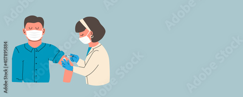 Banner with copy space for your text. Doctor or nurse wearing a protective mask injects a vaccine into a man. Flu vaccination concept. Coronavirus vaccine. Vector flat illustration.