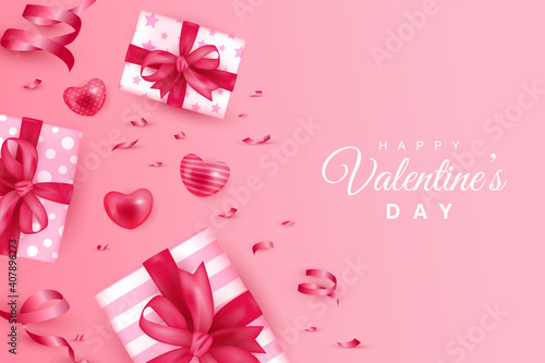 Happy valentine's day vector graphic with gift boxes and heart shape on gradient pink background