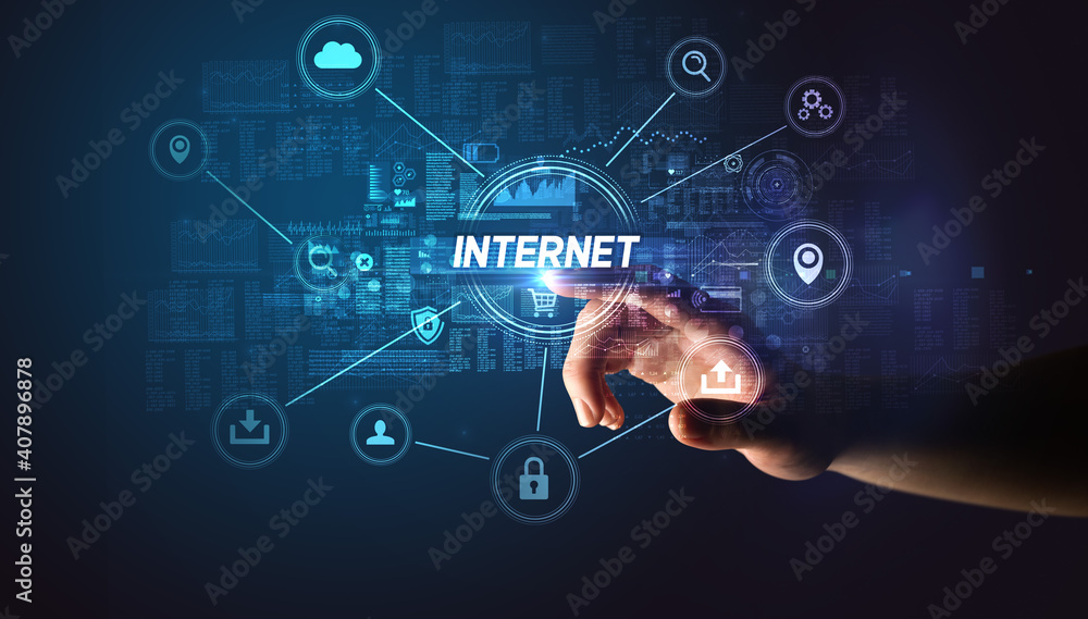 Hand touching INTERNET inscription, Cybersecurity concept Hand touching INTERNET inscription, Cybersecurity concept