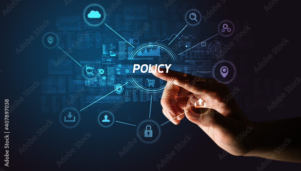 Hand touching POLICY inscription, Cybersecurity concept