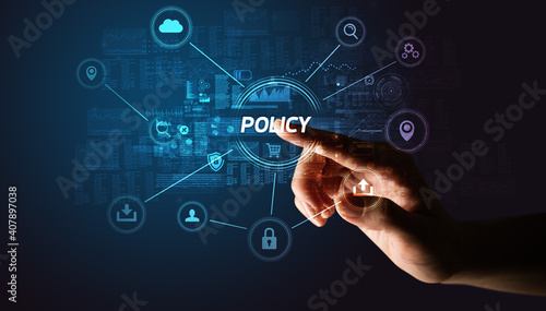 Hand touching POLICY inscription, Cybersecurity concept
