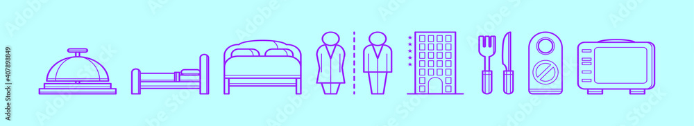 set of hotel element cartoon icon design template with various models. vector illustration isolated on blue background set of hotel element cartoon icon design template with various models. vector illustration isolated on blue background