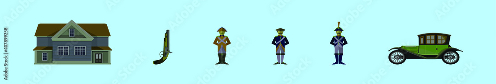 set of colonial cartoon icon design template with various models. vector illustration isolated on blue background set of colonial cartoon icon design template with various models. vector illustration isolated on blue background