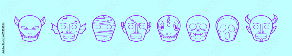 set of halloween mask cartoon icon design template with various models. vector illustration isolated on blue background