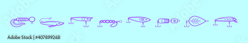 set of fishing tackle cartoon icon design template with various models. vector illustration isolated on blue background