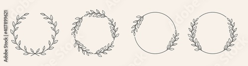 Set of black laurels frames branches with circle borders.  Hand drawn collection laurel leaves decorative elements. award, Leaves, invitation decoration, swirls, ornate. Vector icon illustration.