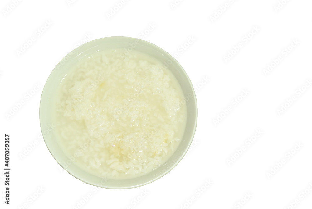 boiled rice in bowl on white background