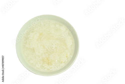 boiled rice in bowl on white background