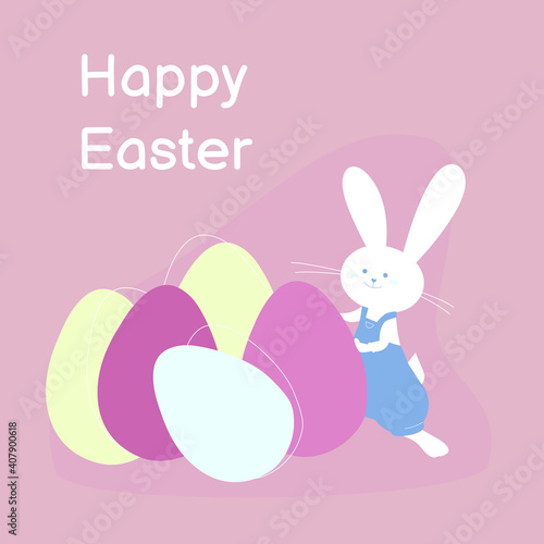 Easter card with bunny. Eggs hunt rebbit and eggs on banner