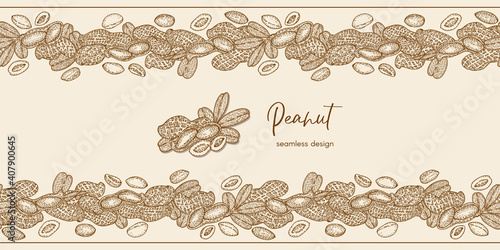 Border frame with Peanut, nuts and leaves. Graphic hand drawn engraving style. Botanical illustration for packaging, menu cards, posters, prints.