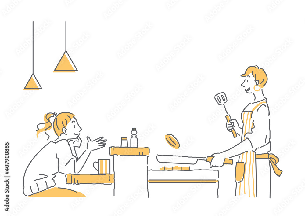 カウンターキッチン越しにおしゃべりするカップルのシンプルな手描きの線画イラスト　女性同士