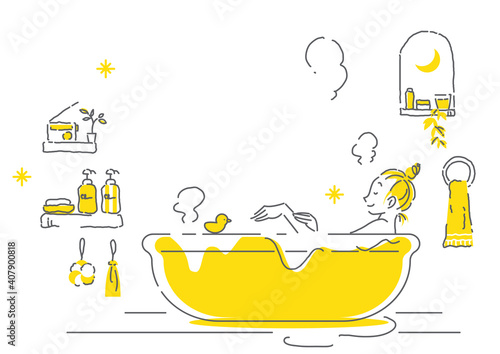 バスタイムを楽しむ女性のナチュラルでシンプルな手描きの線画イラスト