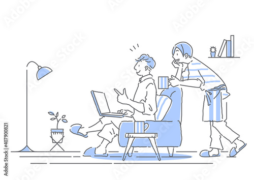 おしゃれなリビングで一緒にパソコン画面を見るカップルのナチュラルでシンプルな手描きの線画イラスト　ゲイカップル