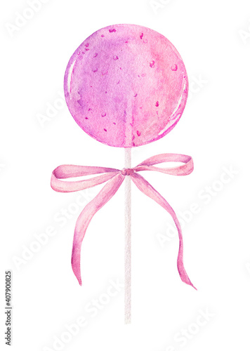 Watercolor pink lollipop with bow isolated on white background.