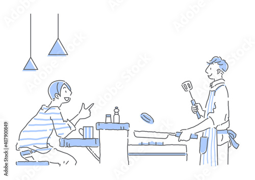 カウンターキッチン越しにおしゃべりするカップルのシンプルな手描きの線画イラスト　男性同士