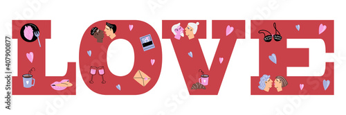Love lettering with set of elements for Valentines decor. Vector flat valentines text on white background. Bright vector flat set of elements for decor for Valentine's Day in cartoon style. 