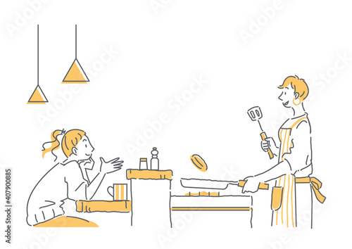 カウンターキッチン越しにおしゃべりするカップルのシンプルな手描きの線画イラスト　女性同士