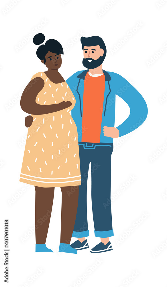 Cartoon characters in pregnancy period. Cute happy man and pregnant woman expecting baby. Young people preparing for birth of child. Isolated international multiracial family. Vector cheerful parents Cartoon characters in pregnancy period. Cute happy man and pregnant woman expecting baby. Young people preparing for birth of child. Isolated international multiracial family. Vector cheerful parents