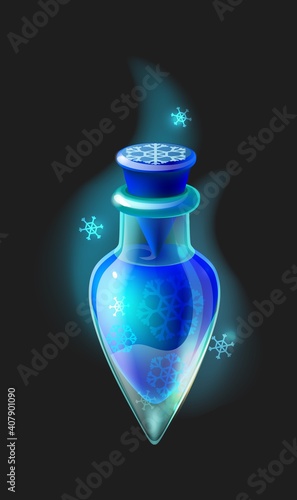 Magic elixir. Cartoon frost potion. Closed small phial full of blue cold liquid with snowflakes. Isolated magical inventory item or game loot. Vector portion of alchemical drink with freeze effect