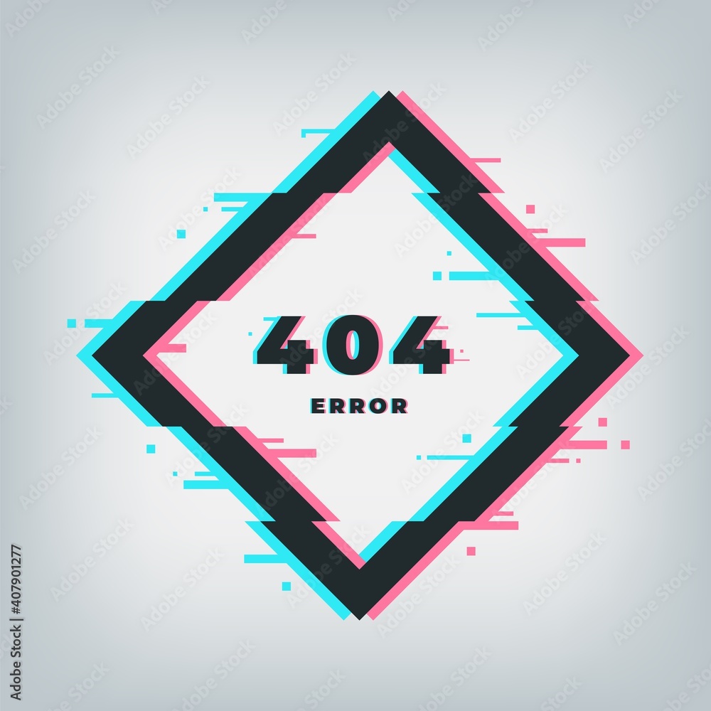 Error 404 page. Glitch effect banner. Not found screen, broken files. Problems in internet. Square dynamic frame design with numbers and lettering. Vector information sign for electronic devices Error 404 page. Glitch effect banner. Not found screen, broken files. Problems in internet. Square dynamic frame design with numbers and lettering. Vector information sign for electronic devices