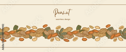 Border frame with Peanut, nuts and leaves. Graphic hand drawn engraving style. Botanical illustration for packaging, menu cards, posters, prints.