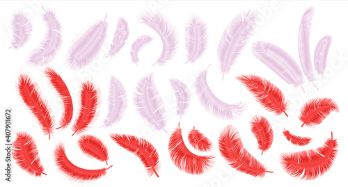 Pink and red feathers. Realistic flamingo fluffy plumage, parrot and exotic bird feather isolated collection. Bright decorative elements in different angles, vector isolated on white background set