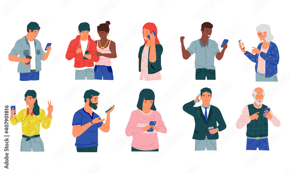 People with phones. Cartoon happy and disappointed men and women with mobile phones, exchange messages and talking, smartphone addiction and communication concept vector modern flat style isolated set
