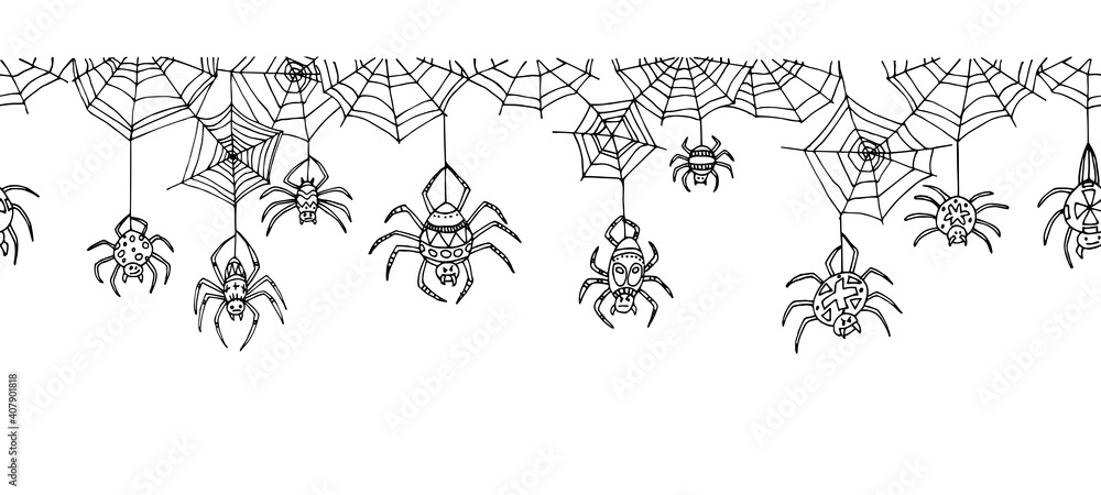Spider Border Line horizontal seamless pattern, web and spiders, spooky halloween ornament ...