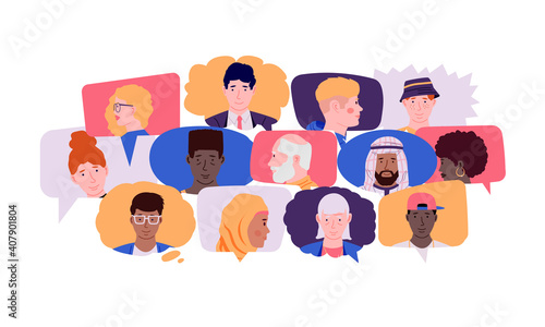 Communication concept. Social media and chat talk with cartoon people avatars. Cute smiling human faces in speech bubbles. Friendly dialog or group discussion. Global connection, vector illustration