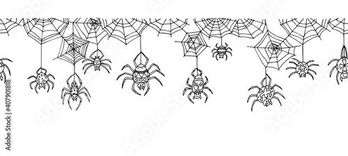 horizontal seamless pattern, web and spiders, spooky halloween ornament, border, frame, vector illustration with black ink lines isolated on white background in doodle and hand drawn style