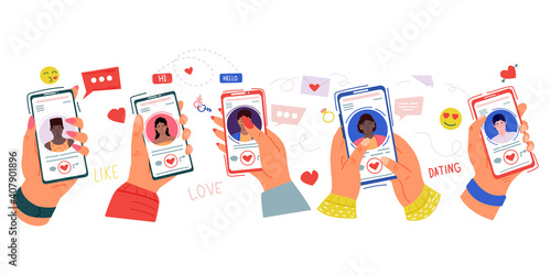 Hands with dating app. Cartoon online acquaintance service, men and women looking for couple concept. Hand hold smartphones with profile on screen. Vector social romantic relationship illustration