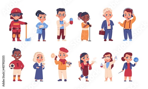 Kids in uniform. Cartoon cheerful children in costumes of different occupations. Choice of profession. Cute happy young characters wear suits of doctor and fireman, judge or postman, vector set