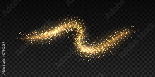 Glittering dust waves. Golden glowing star trail. Curved trace of triangular sparkles on transparent background. Isolated decorative shining wavy line. Yellow shimmer texture, vector twinkle template