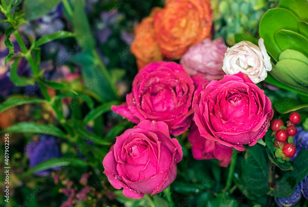 Close-up of a mixed bouquet of roses,summer flowers background. Close-up of a mixed bouquet of roses,summer flowers background.