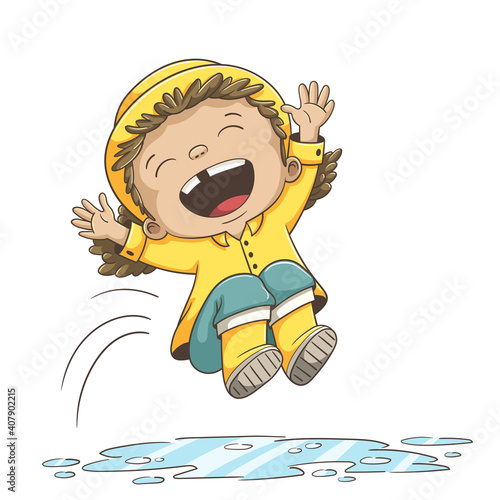 Girl jumps into a puddle. Hand drawn vector illustration with separate layers.