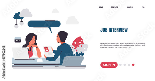 Recruitment landing page. Job interview. HR manager talking with candidates for vacant position. Web service for employment and hiring workers. Website design with buttons, vector interface template