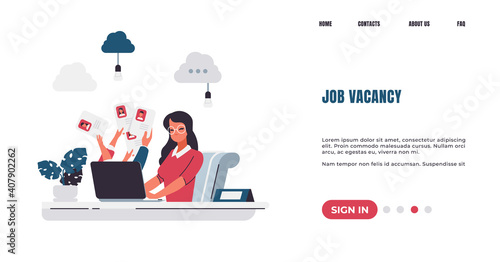 Recruitment landing page. Job vacancy. Hiring manager finding candidates for vacant positions, choosing resume for interview. Website interface design with lettering and buttons. Vector web UI mockup