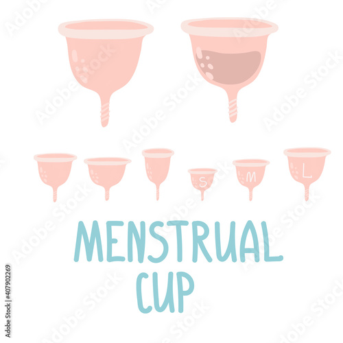 Menstrual cup sizes. Feminine menstruation cup set. Different sizes of cups S, M, L, XL. Womans menstrual care.  vector illustration of intimate hygiene products.