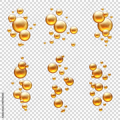 Realistic cosmetic gold capsules. Groups of 3D oil bubbles. Liquid balls on transparent background. Isolated round pills with vitamins and organic serum. Yellow shiny essential droplets, vector set
