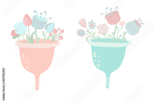 Menstrual cup with flowers. Eco protection for woman in critical days. Vector illustration. illustration of a menstrual cup in flowers during period and menstruation, zero waste eco way of protection.